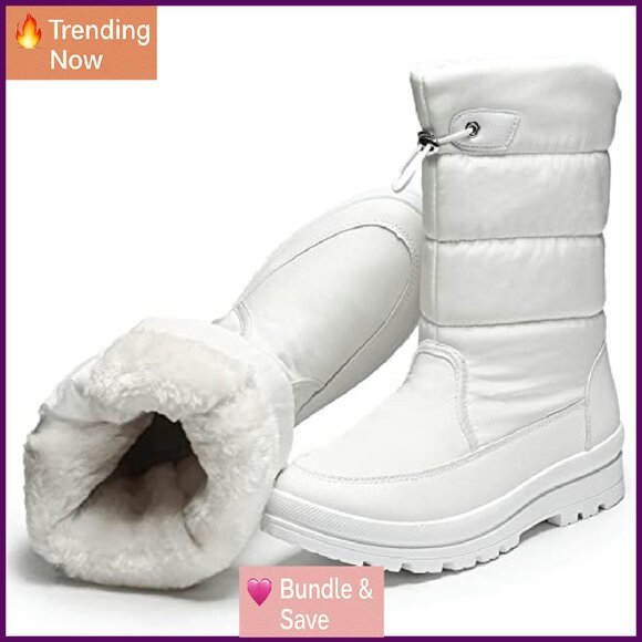 Warm Fur Lined Snow Boots Water Resistant Mid Calf Winter Hiking - Picture 2 of 8